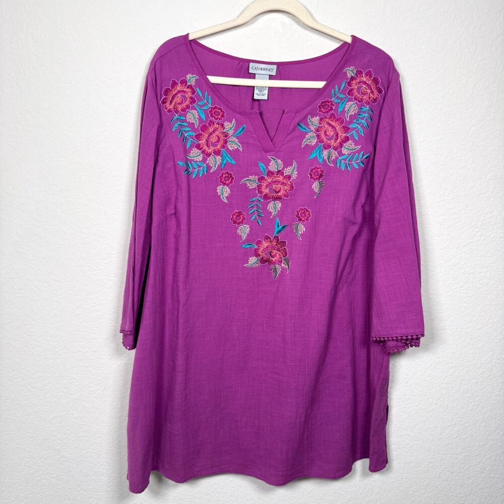 Catherines Womens Embroidered Flowy Top Blouse Size 1X Floral Boho Fuschia